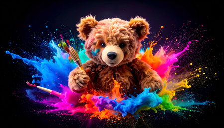 Closeup of a teddy bear holding a tiny paintbrush beside a smeared acrylic canvas, palette with bright colorsの素材