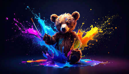 Closeup of a teddy bear holding a tiny paintbrush beside a smeared acrylic canvas, palette with bright colorsの素材