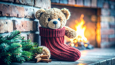 Close up of a plush teddy bear peeking out from a knitted red stocking, pine needles and cinnamon sticks scattered on fireplace mantel, warm holiday lighting.の素材