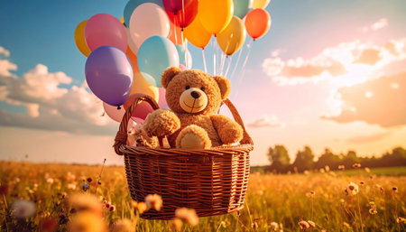 Drone perspective of a teddy bear in a woven basket attached to rainbow balloons, cloud backdrop, dreamy pastel colorsの素材