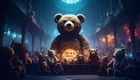 Heartwarming wide shot of a Teddy Bear Adoption booth at a fair, with rows of plush bears sitting on shelvesの素材