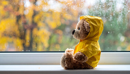 Side profile of a teddy bear wearing a tiny yellow raincoat sitting on a windowsill, raindrops streaking the glass, blurred autumn park view outside, melancholic yet sweet Teddy Bear Day mood.の素材
