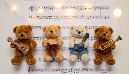 Overhead drone shot of a classic teddy bear surrounded by miniature tea set and fake cupcakes in a grassy meadow, dandelions and daisies scattered around, golden hour lighting, whimsical Teddy Bear Day celebration.の素材