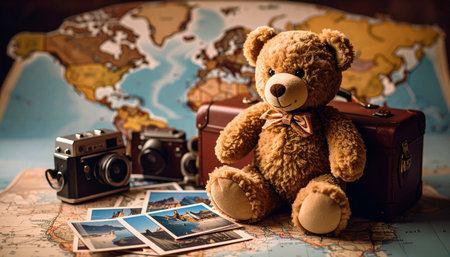 Vintage world map with pinned photos of a teddy bear at landmarks, miniature suitcase and passportの素材