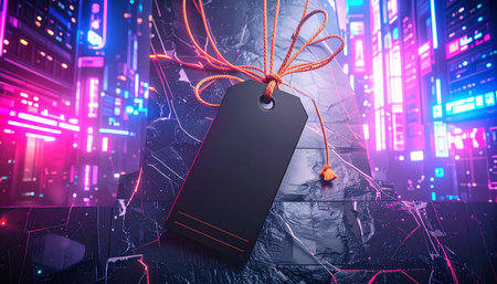 Realistic single matte black blank price tag with brown twine loop, placed flat on dark black slate stone background, soft top light, minimal premium concept,の素材