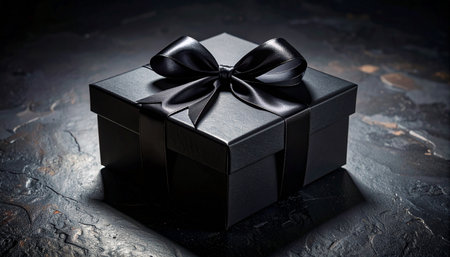 Realistic matte black square gift box with wide black satin ribbon bow, placed on dark grey stone background with soft natural side lightの素材