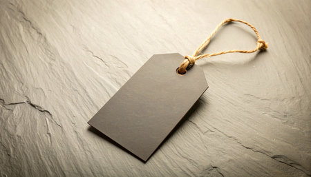 Realistic single matte black blank price tag with brown twine loop, placed flat on dark black slate stone background, soft top light, minimal premium concept,の素材
