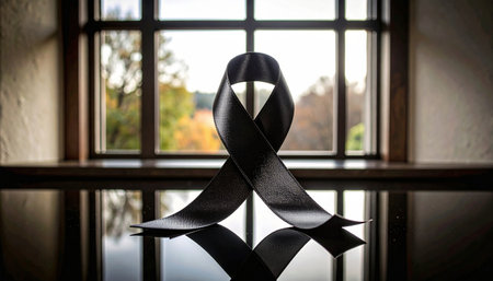 Realistic matte black satin ribbon curled elegantly on glossy black reflective surface, soft natural light creating subtle highlights, minimal premium conceptの素材