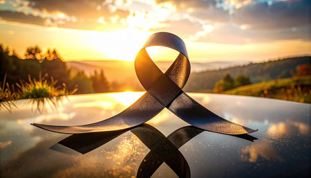 Realistic matte black satin ribbon curled elegantly on glossy black reflective surface, soft natural light creating subtle highlights, minimal premium conceptの素材