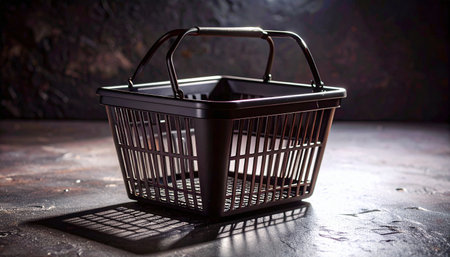 Realistic single small black shopping basket placed upright on dark textured stone surface, strong directional lighting creating deep shadows, minimal retail conceptの素材