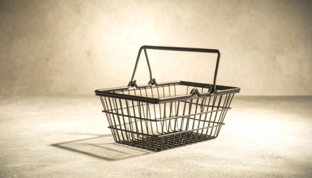 Realistic single small black shopping basket placed upright on dark textured stone surface, strong directional lighting creating deep shadows, minimal retail conceptの素材