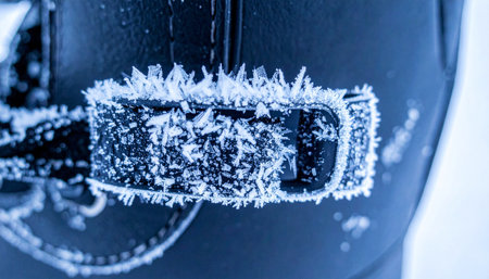Realistic macro close-up of metal ski boot buckle covered in frost, crisp focus showing fine frozen details, natural cold daylight, no humans, no text.の素材