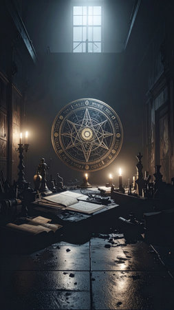 Hyper detailed realistic depiction of glowing golden alchemy symbols intertwined with intricate sacred geometry patterns, soft ambient lighting, high resolution, copy space background, no text, no human faces, mystical laboratory ambianceの素材