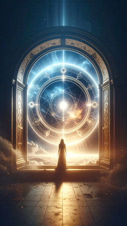 Realistic celestial background with a glowing circle containing the four classical alchemical elements, merged with sacred geometry lines, cosmic light rays, soft focus edges, high detail, no people, no text, elegant copy spaceの素材