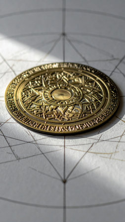photorealistic metallic mandala engraved with detailed alchemical runes, surrounded by sacred geometry grids, soft shadows, gold and silver tones, no text, no faces, artistic copy space for designの素材