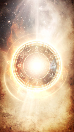 Realistic celestial background with a glowing circle containing the four classical alchemical elements, merged with sacred geometry lines, cosmic light rays, soft focus edges, high detail, no people, no text, elegant copy spaceの素材