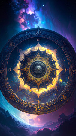 photorealistic metallic mandala engraved with detailed alchemical runes, surrounded by sacred geometry grids, soft shadows, gold and silver tones, no text, no faces, artistic copy space for designの素材