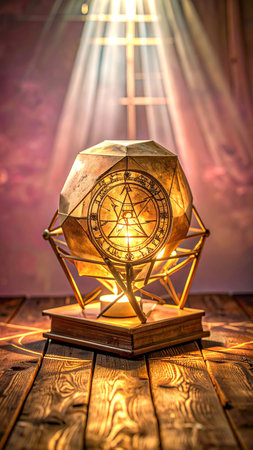 Realistic floating metallic cube engraved with alchemical icons, suspended in a glowing sacred geometry grid, soft background gradient, no people, no text, subtle light beams for depth, copy space compositionの素材