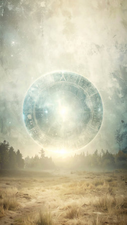 Photorealistic glowing portal formed from intersecting sacred geometry shapes, embedded with ancient alchemy icons, starry background, luminous edges, no text, no human figures, spacious copy space areaの素材