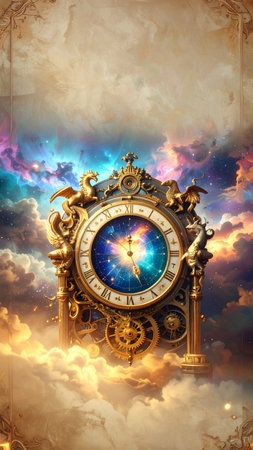 Photorealistic antique astronomical clock decorated with sculpted mythical creatures, intricate golden gears, star map dial, glowing highlights, no people, no text, detailed copy space backgroundの素材