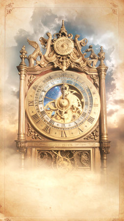 Photorealistic antique astronomical clock decorated with sculpted mythical creatures, intricate golden gears, star map dial, glowing highlights, no people, no text, detailed copy space backgroundの素材