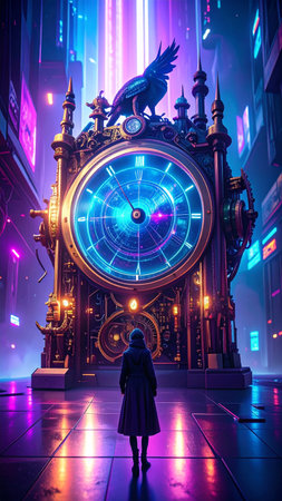 Photorealistic antique astronomical clock decorated with sculpted mythical creatures, intricate golden gears, star map dial, glowing highlights, no people, no text, detailed copy space backgroundの素材
