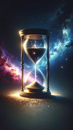 Realistic glass hourglass filled with shimmering stars instead of sand, cosmic nebula background, glowing frame edges, no faces, no text, elegant composition with copy spaceの素材