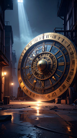 Hyper detailed golden calendar disc featuring intertwined sun and moon motifs, zodiac symbols, and ancient inscriptions, soft light rays, realistic metallic textures, no people, spacious copy spaceの素材