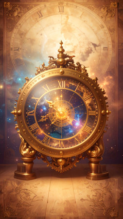 Photorealistic antique astronomical clock decorated with sculpted mythical creatures, intricate golden gears, star map dial, glowing highlights, no people, no text, detailed copy space backgroundの素材