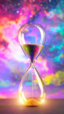 Realistic glass hourglass filled with shimmering stars instead of sand, cosmic nebula background, glowing frame edges, no faces, no text, elegant composition with copy spaceの素材