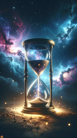 Realistic glass hourglass filled with shimmering stars instead of sand, cosmic nebula background, glowing frame edges, no faces, no text, elegant composition with copy spaceの素材