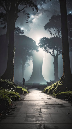 Photorealistic dense forest with glowing bioluminescent plants lining a winding path, starry night above, magical soft mist, no human figures, no text, large copy spaceの素材