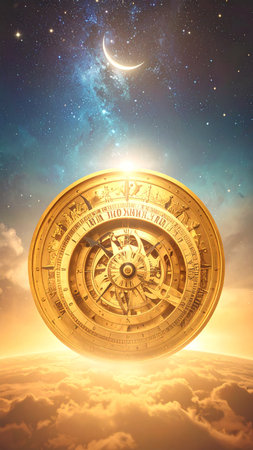 Realistic gilded compass merging timepiece functions with celestial navigation symbols, intricate filigree details, starry horizon background, high resolution, no text, no faces, generous copy spaceの素材