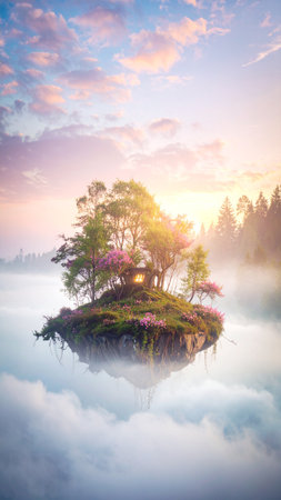 Hyper realistic floating island in the sky with oversized luminous flowers, cascading vines, soft sunset light, clouds beneath, no people, no text, spacious copy space for design useの素材