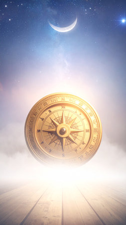 Realistic gilded compass merging timepiece functions with celestial navigation symbols, intricate filigree details, starry horizon background, high resolution, no text, no faces, generous copy spaceの素材