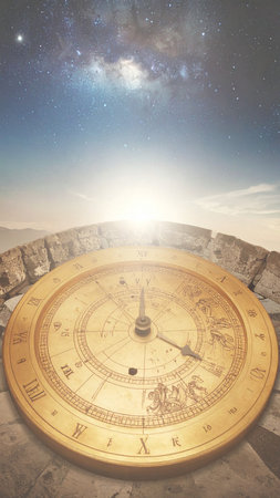 Realistic gilded compass merging timepiece functions with celestial navigation symbols, intricate filigree details, starry horizon background, high resolution, no text, no faces, generous copy spaceの素材