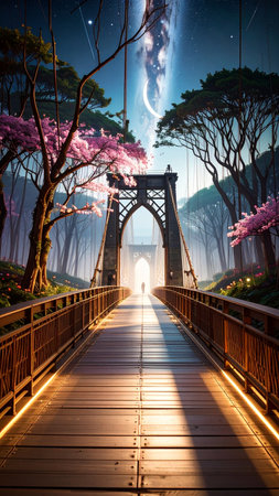 Photorealistic dense forest with glowing bioluminescent plants lining a winding path, starry night above, magical soft mist, no human figures, no text, large copy spaceの素材