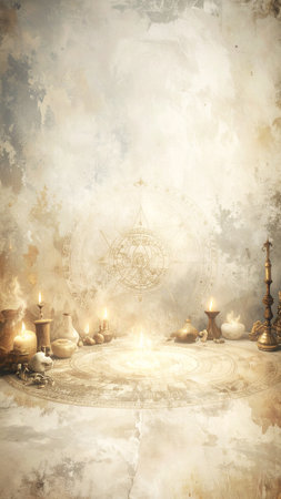Hyper detailed realistic depiction of glowing golden alchemy symbols intertwined with intricate sacred geometry patterns, soft ambient lighting, high resolution, copy space background, no text, no human faces, mystical laboratory ambianceの素材