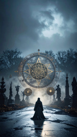 Hyper detailed realistic depiction of glowing golden alchemy symbols intertwined with intricate sacred geometry patterns, soft ambient lighting, high resolution, copy space background, no text, no human faces, mystical laboratory ambianceの素材