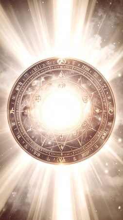 Realistic celestial background with a glowing circle containing the four classical alchemical elements, merged with sacred geometry lines, cosmic light rays, soft focus edges, high detail, no people, no text, elegant copy spaceの素材