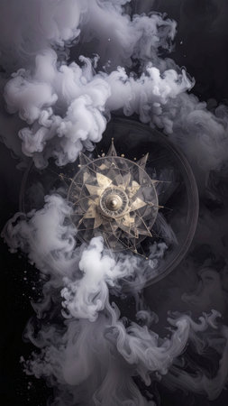 photorealistic metallic mandala engraved with detailed alchemical runes, surrounded by sacred geometry grids, soft shadows, gold and silver tones, no text, no faces, artistic copy space for designの素材