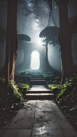 Photorealistic dense forest with glowing bioluminescent plants lining a winding path, starry night above, magical soft mist, no human figures, no text, large copy spaceの素材