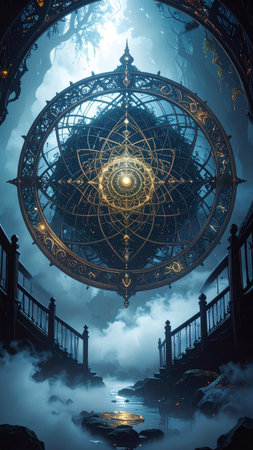 photorealistic metallic mandala engraved with detailed alchemical runes, surrounded by sacred geometry grids, soft shadows, gold and silver tones, no text, no faces, artistic copy space for designの素材