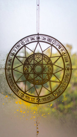 photorealistic metallic mandala engraved with detailed alchemical runes, surrounded by sacred geometry grids, soft shadows, gold and silver tones, no text, no faces, artistic copy space for designの素材
