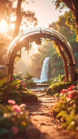 Realistic crystal clear glass dome containing a lush miniature jungle with waterfalls and exotic plants, soft ambient light, isolated background, no text, no people, clean copy spaceの素材