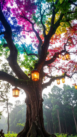 Photorealistic ancient tree with rainbow-colored leaves forming a luminous canopy, glowing hanging lanterns, misty forest background, no faces, no text, generous copy spaceの素材