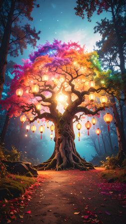 Photorealistic ancient tree with rainbow-colored leaves forming a luminous canopy, glowing hanging lanterns, misty forest background, no faces, no text, generous copy spaceの素材