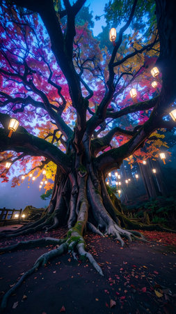 Photorealistic ancient tree with rainbow-colored leaves forming a luminous canopy, glowing hanging lanterns, misty forest background, no faces, no text, generous copy spaceの素材