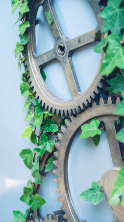 Hyper detailed photorealistic scene of metallic gears intertwined with green climbing vines, glowing ambient light, soft shadows, no human presence, no text, spacious copy spaceの素材