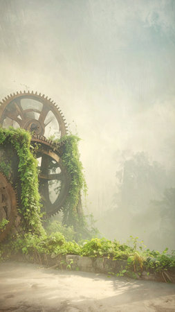 Hyper detailed photorealistic scene of metallic gears intertwined with green climbing vines, glowing ambient light, soft shadows, no human presence, no text, spacious copy spaceの素材